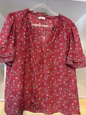 Max Studio Red Floral Tiered Flutter Sleeve Peasant Blouse size XL like new